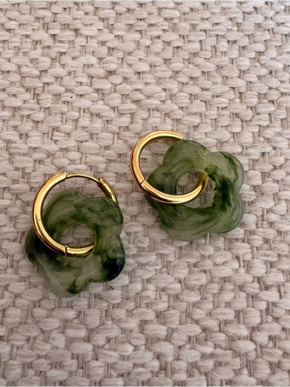 Gold Hoop Earrings with Olive Green Floral Resin Charms - Women's Jewelry